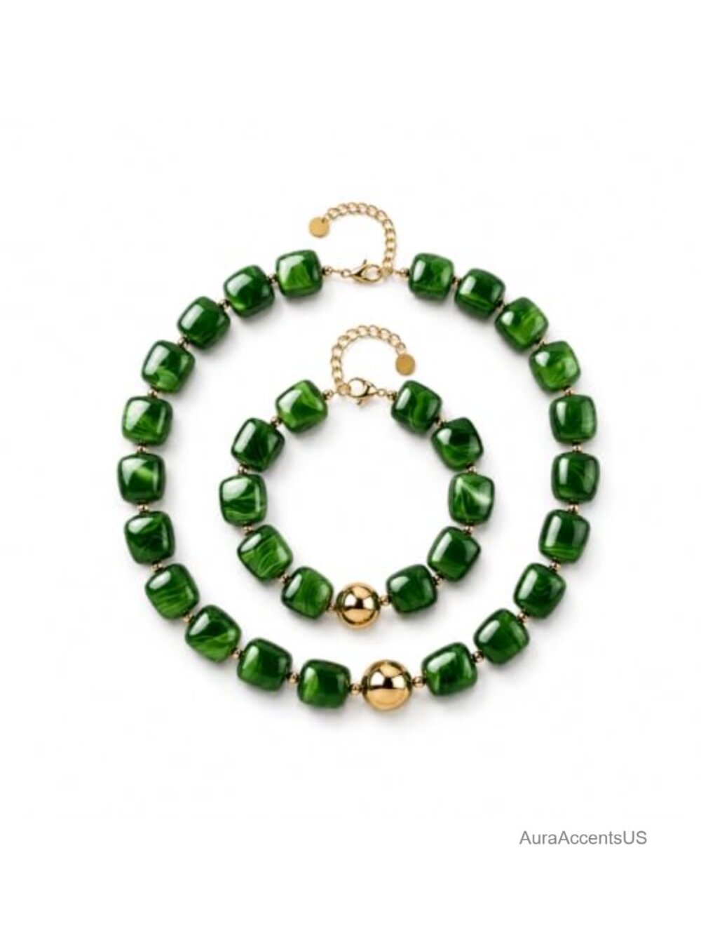 Chunky Beaded Necklace Set 18K Gold Plated Stainless Steel Chain Resin Choker